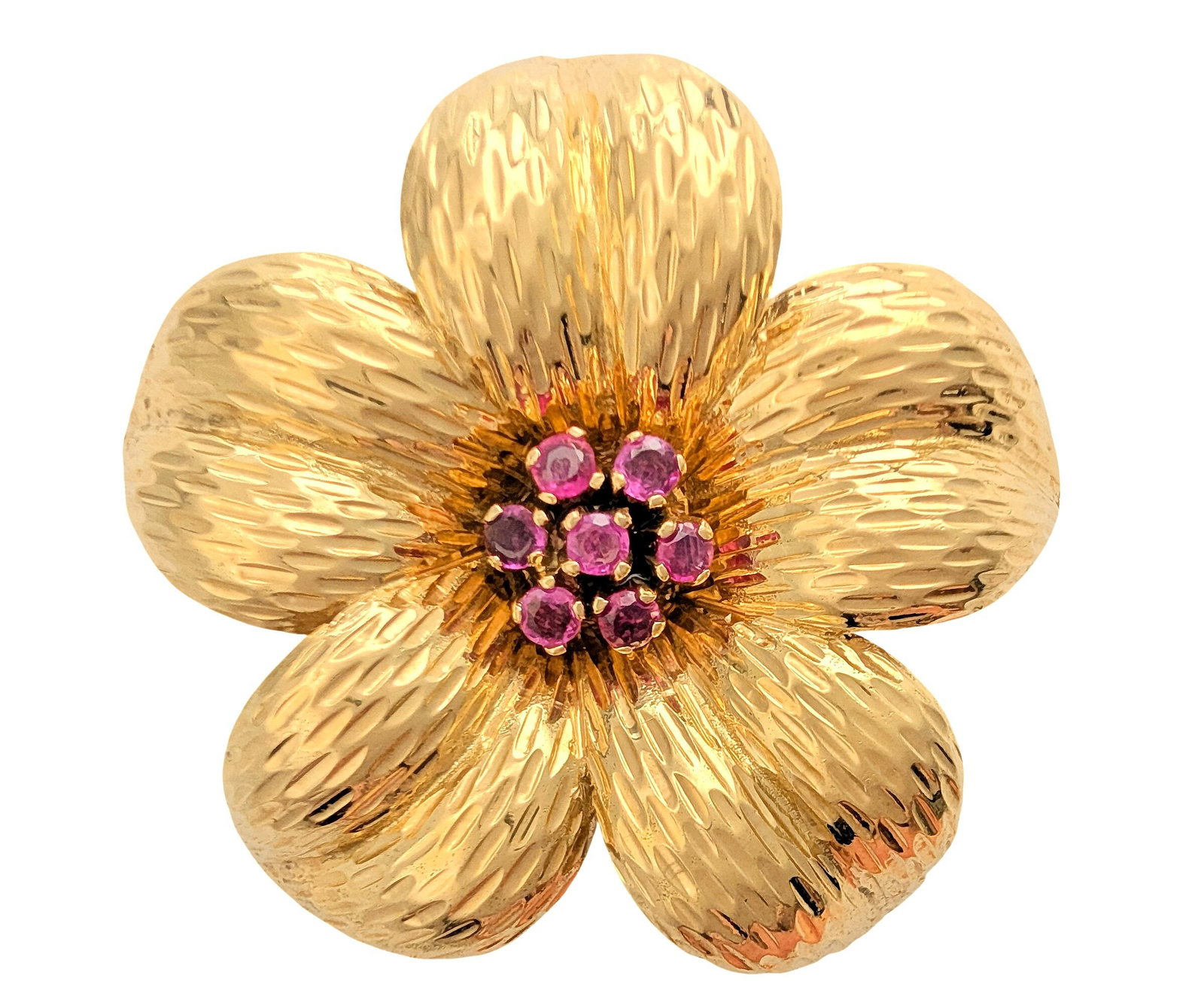 Vintage Tiffany Co Numbered 18K Gold Natural Ruby Floral Flower Brooch Daisy: HFA DT73071 Described By: Rachel NFFRT Title: Vintage Tiffany Co Numbered 18K Gold Natural Ruby Floral Flower Brooch Daisy Description: Vintage Tiffany Co Numbered 18K