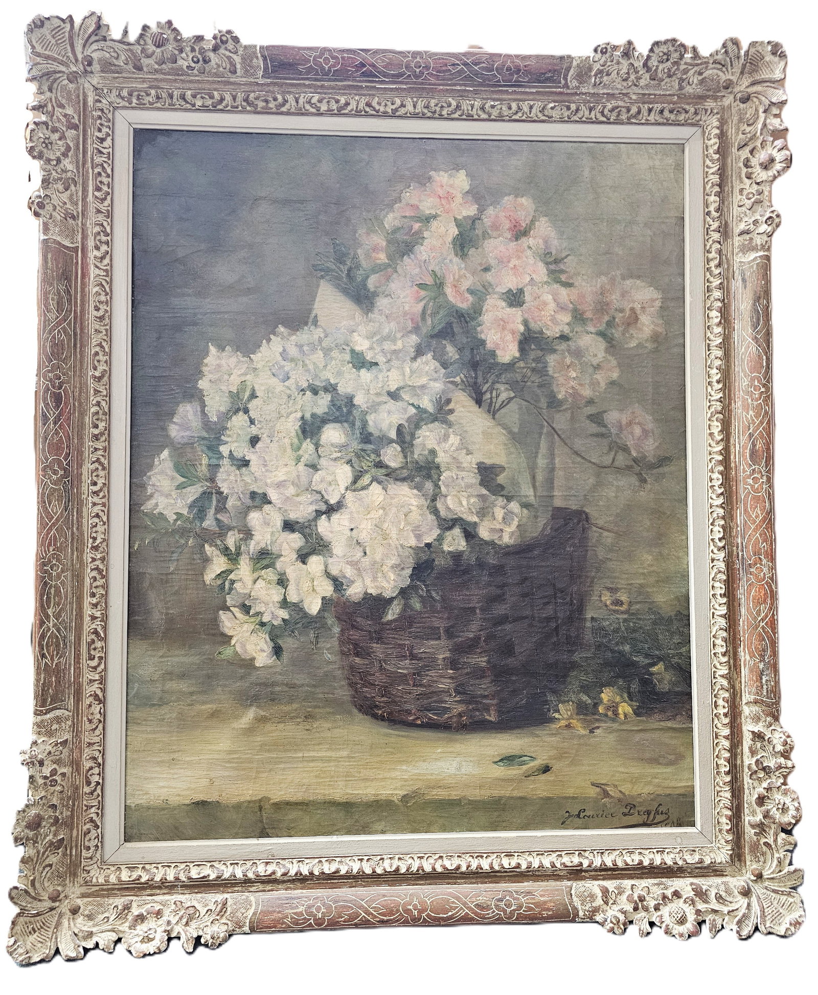 Very Large Panier de Fleurs Basket of Flowers Jeanne Lourier-Dreyfus 1948 Oil on Canvas 48x40 Inches: CNX 0511 1834 Described By: Adams ND Title: Very Large Panier de Fleurs Basket of Flowers Jeanne Lourier-Dreyfus 1948 Oil on Canvas 48x40 Inches Description: Very Large