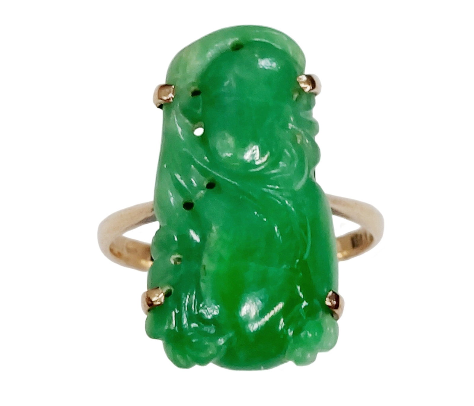 GIA Type A Burma Jadeite Jade Fei Sui Carved Pea Pod Repurposed in 1960s 14k Gold Ring: HFA DT72533 Described By: Chris AJP GIA NFDD Title: GIA Type A Burma Jadeite Jade Fei Sui Carved Pea Pod Repurposed in 1960s 14k Gold Ring Description: This lovely carv
