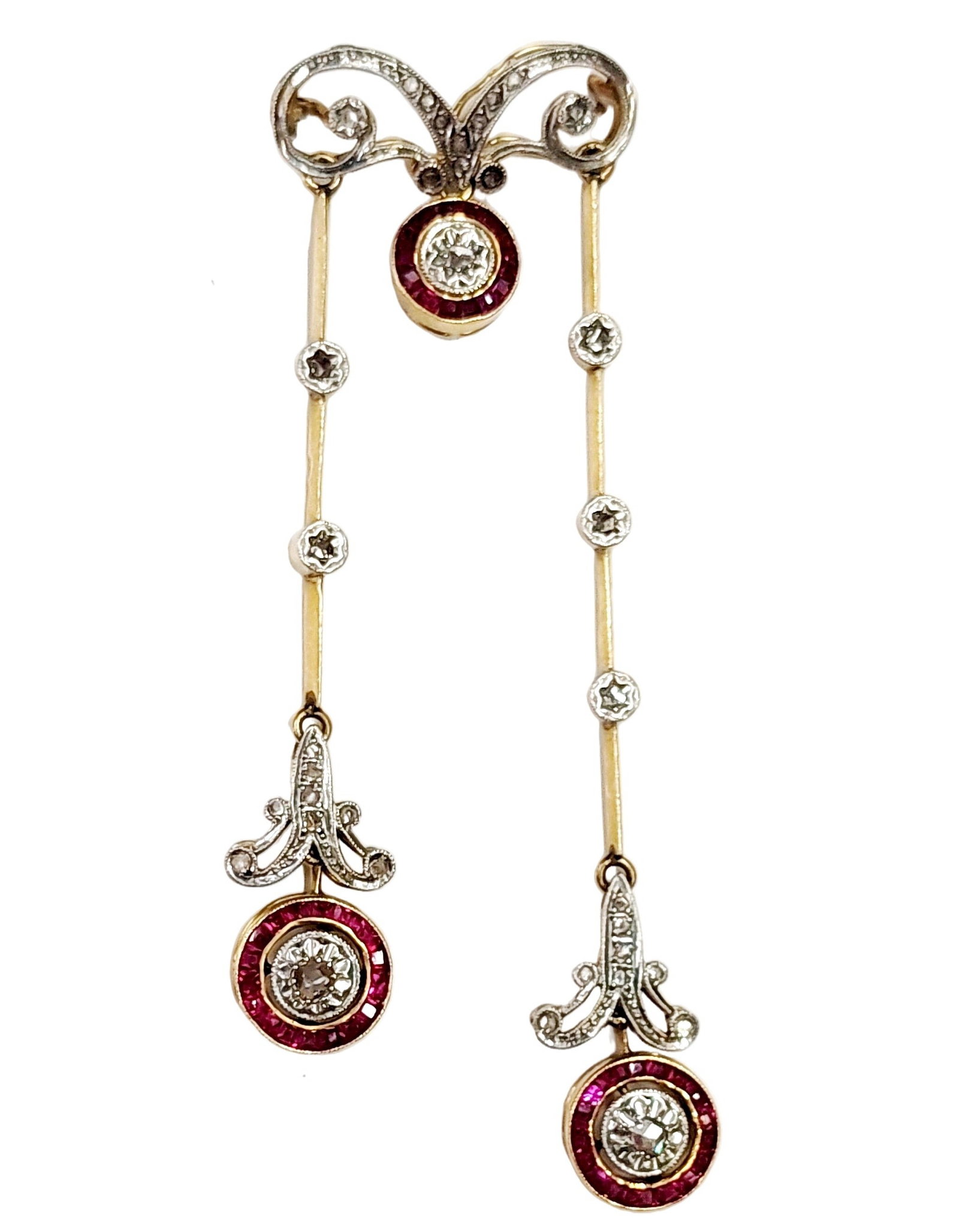 Art Deco 18k Gold Natural Ruby Old Rose Cut Diamond Ultra Long Dangling Antique Brooch w/ French: HFA DT73037 Described By: Chris AJP GIA ND Title: Art Deco 18k Gold Natural Ruby Old Rose Cut Diamond Ultra Long Dangling Antique Brooch w/ French Hallmarks Description: