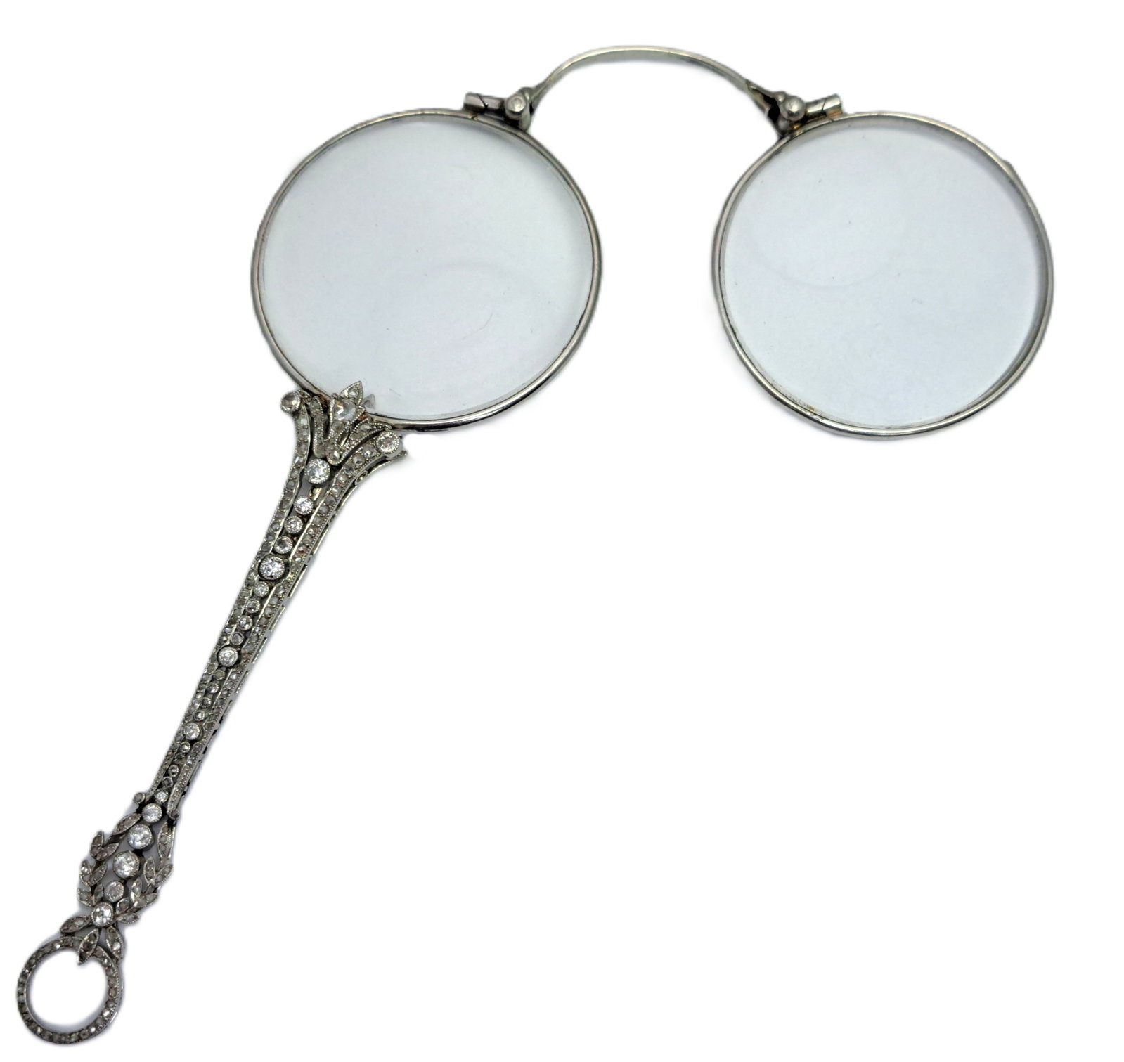 Antique Art Deco Platinum Filigree Fine Diamond Lorgnette Glasses Unsigned in Style of Tiffany: HFA DT73075 Described By: Mike NFDDD Title: Antique Art Deco Platinum Filigree Fine Diamond Lorgnette Glasses Unsigned in Style of Tiffany Description: We cannot find t