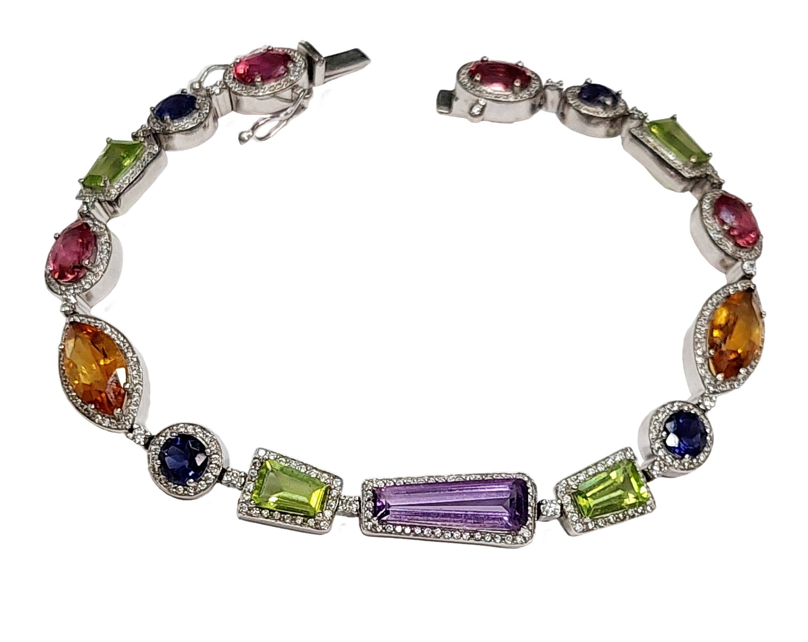Approx. 13ctw Natural Multi Color Gemstone Diamond Halo 18k White Gold Modernist Design Bracelet (1 of 7)