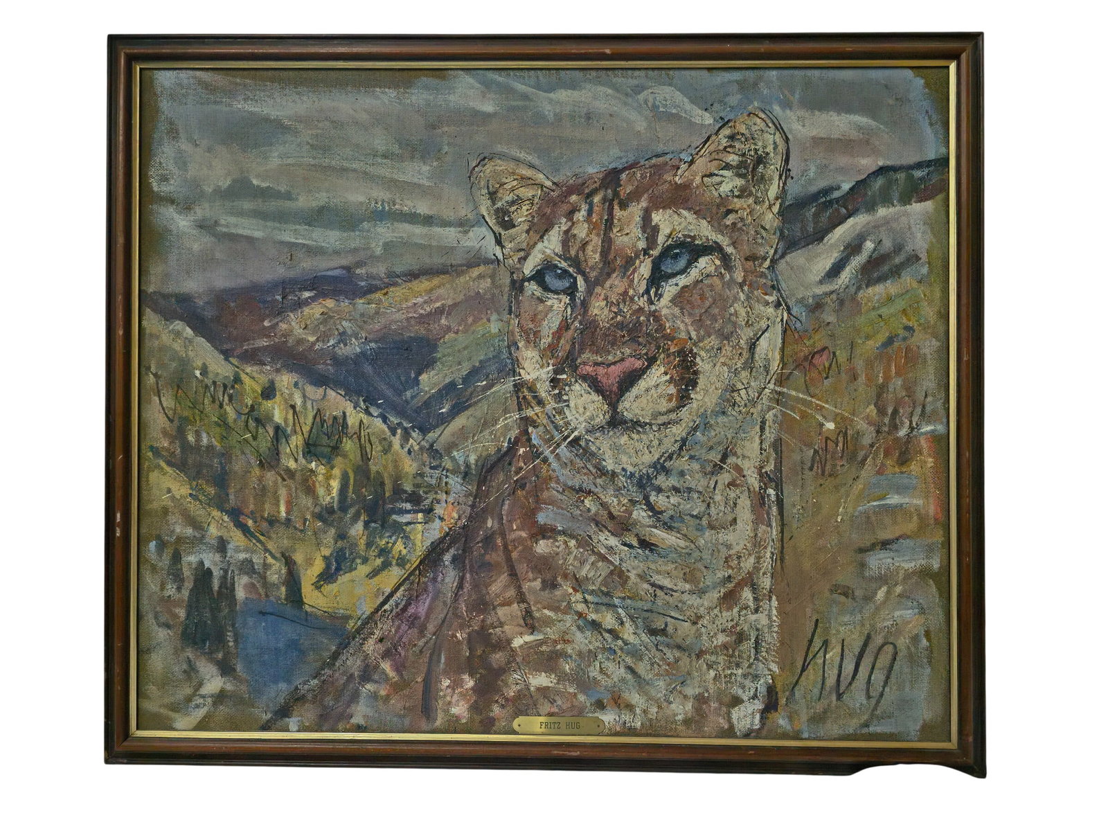 Large 33.5x28 Fritz Lowe Hug Switzerland Puma Cat Oil Panel Animal Animalier Painting: HFA DT73134 Described By: Mike NOED Title: Large 33.5x28 Fritz Lowe Hug Switzerland Puma Cat Oil Panel Animal Animalier Painting Description: Beautiful piece! Make it yours today. Happy bidding!