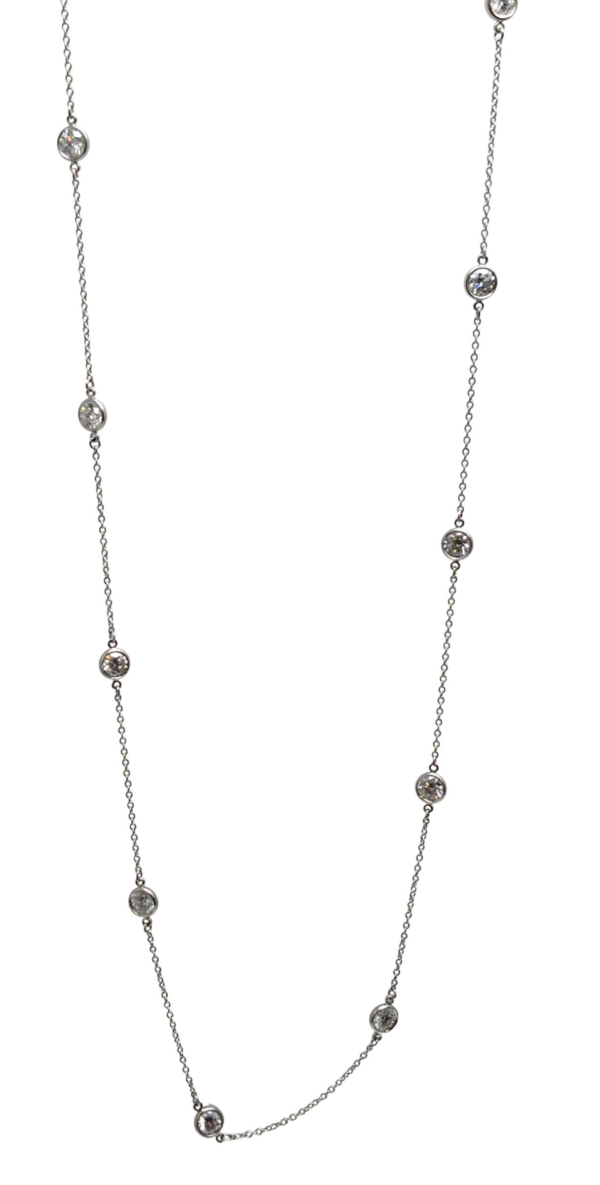 Tiffany & Co. Elsa Peretti Platinum Diamonds by the Yard 2.8ct Necklace 30 Inch w Pouch & Papers: HFA DT73092 Described By: Mike NYDDD Title: Tiffany & Co. Elsa Peretti Platinum Diamonds by the Yard 2.8ct Necklace 30 Inch w Pouch & Papers Description: Stunning! Make