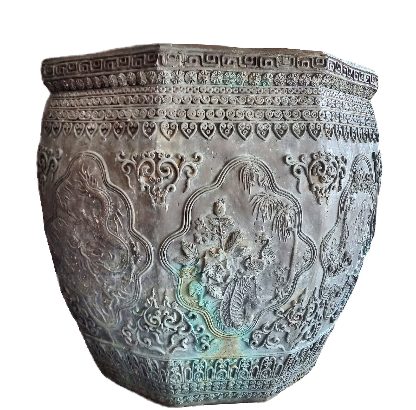 Massive Antique Chinese Bronze Urn Lark Mason Statement Scenic Dragons Cranes Panel Hundreds Of: Described By: Rachel HFA VX NFEOE Title: Massive Antique Chinese Bronze Urn Lark Mason Statement Scenic Dragons Cranes Panel Hundreds Of Pounds Description: Chinese antique