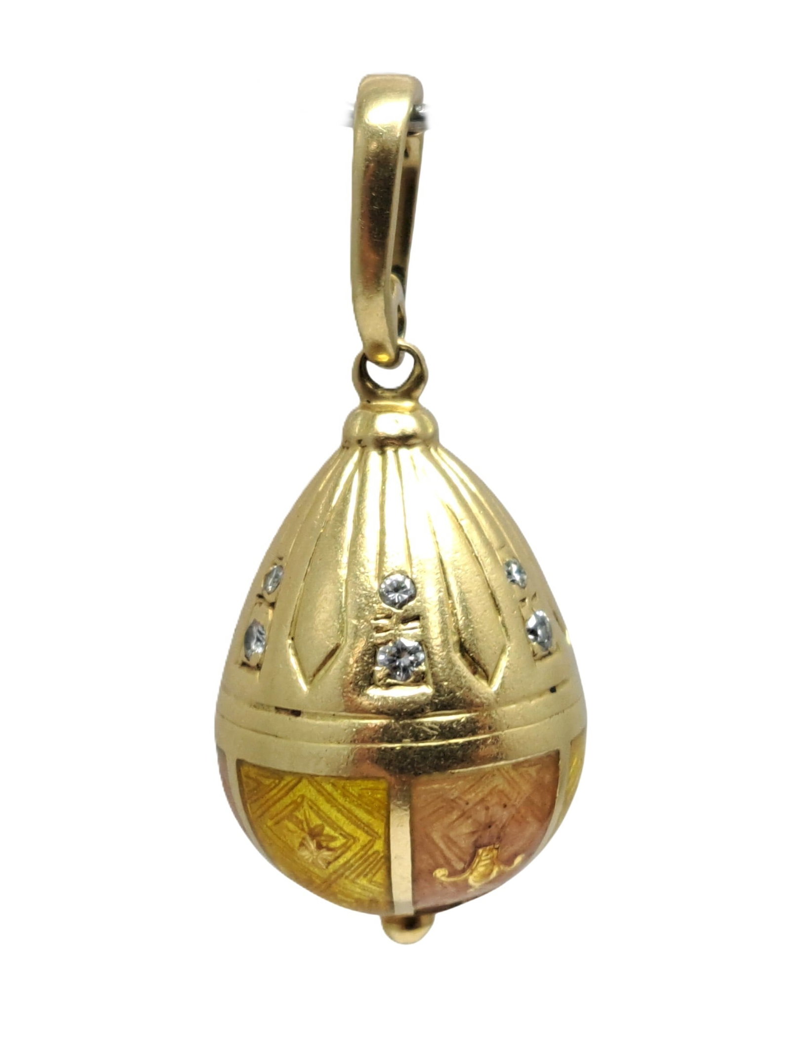Limited Edition Faberge 37/300 18k Gold Enamel Egg Montgolfier Diamond Pendant: HFA DT73152 Described By: Mike NOOCG Title: Limited Edition Faberge 37/300 18k Gold Enamel Egg Montgolfier Diamond Pendant Description: This piece is absolutely stunnin