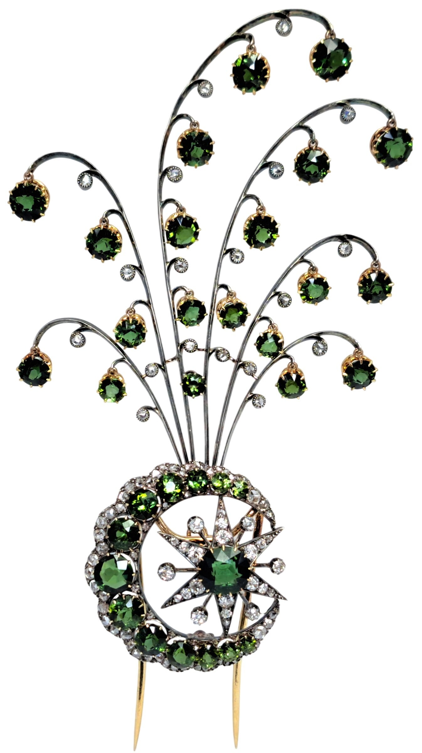 Gold Mid Victorian 4ct Old Cut Diamond 20ct Fine Quality Tourmaline Aigrette Hair Piece: CNX 0514 1840 Described By: Mike ND Title: Gold Mid Victorian 4ct Old Cut Diamond 20ct Fine Quality Tourmaline Aigrette Hair Piece Description: Stunning! Approx. 20ctw