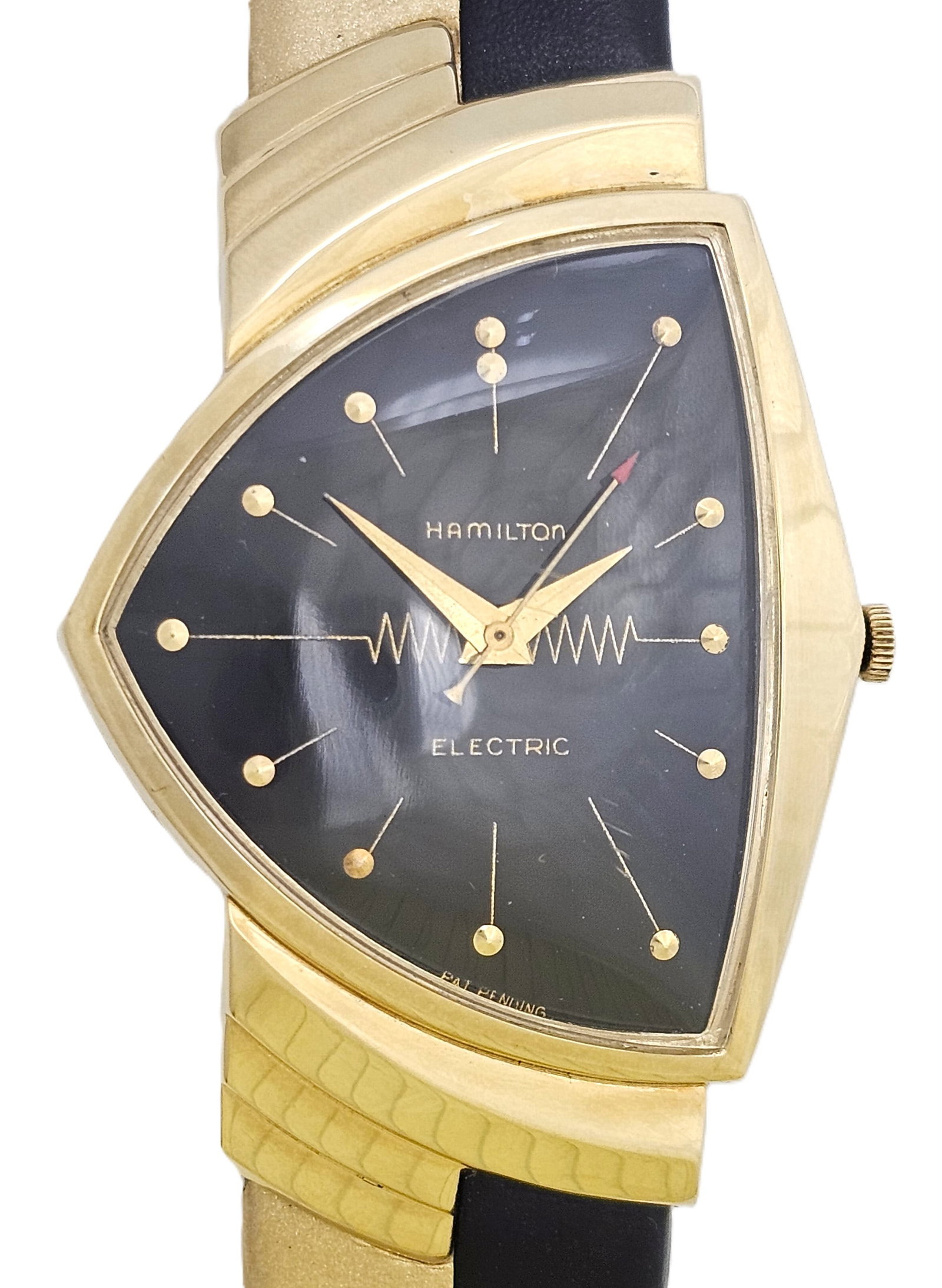 Hamilton Ventura Arbib Design 14k Gold Original Patent Pending Dial: HFA DT73148 Described By: Adams NFEDD Title: Hamilton Ventura Arbib Design 14k Gold Original Patent Pending Dial Description: Hamilton Ventura Arbib Design 14k Gold Ori