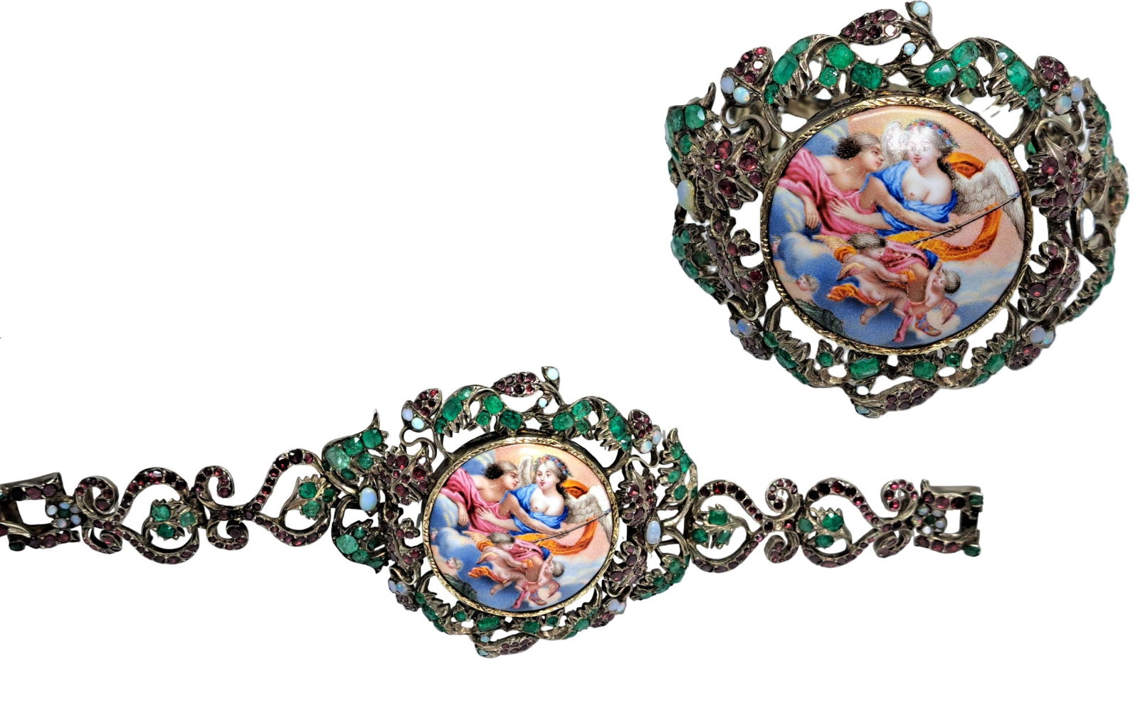 Amazing Antique Sterling Silver Venus & Cupid Attending Cherubs or Psyche Goddess Emerald Ruby Opal: HFA DT28307 Described By: Mike NGDD Title: Amazing Antique Sterling Silver Venus & Cupid Attending Cherubs or Psyche Goddess Emerald Ruby Opal Porcelain Center Bracelet Circa 1840