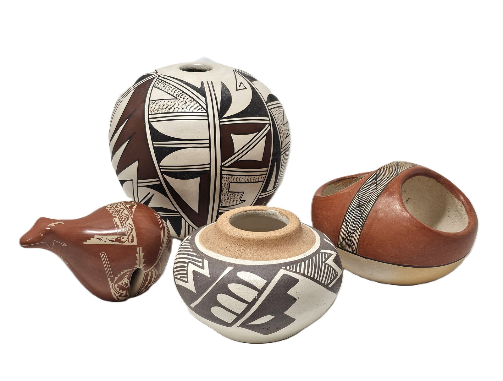 Lot of Four Hopi Santa Clara Isleta & Santa Clara Pueblo Seed Jar Vessels & Figure Signed (1 of 9)