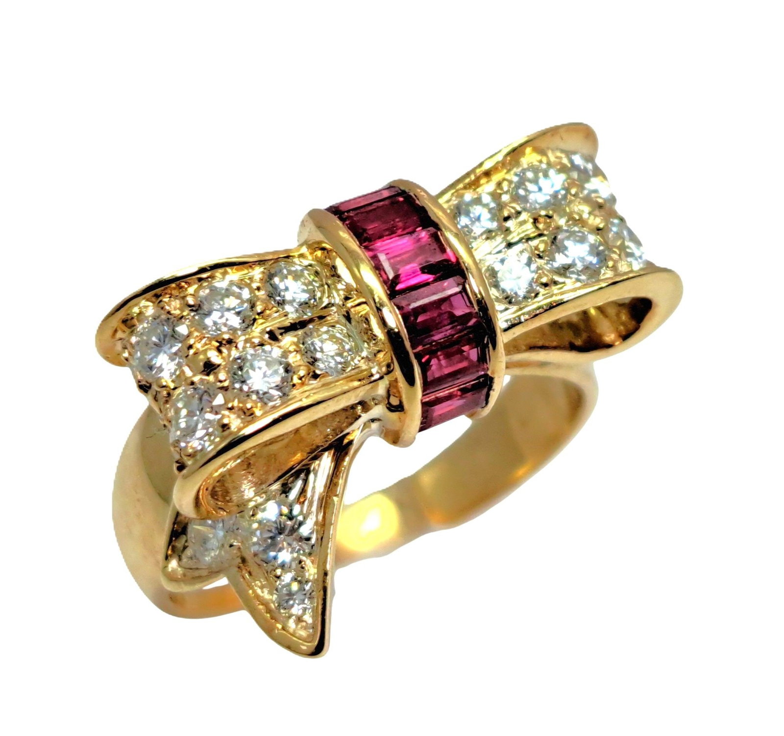 Tiffany & Co. 1.41ctw Natural Ruby Fine White Clean Diamond 18k Gold Classic Bow Ring: HFA DT73213 Described By: Mike NCDD Title: Tiffany & Co. 1.41ctw Natural Ruby Fine White Clean Diamond 18k Gold Classic Bow Ring Description: Stunning piece by Tiff