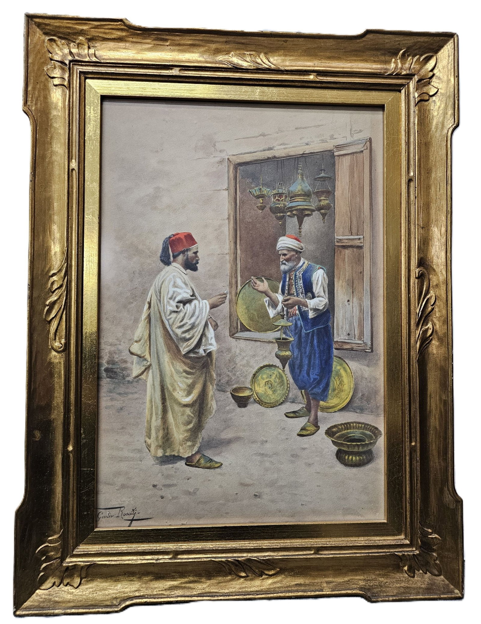 Attractive Giulio Rosati Haggling in the Souk Italian 1905 Orientalist Era Framed Print w Letter: CNX 0500 1790 Described By: Adams ND Title: Attractive Giulio Rosati Haggling in the Souk Italian 1905 Orientalist Era Framed Print w Letter from Art Institute of Chicago Descrip