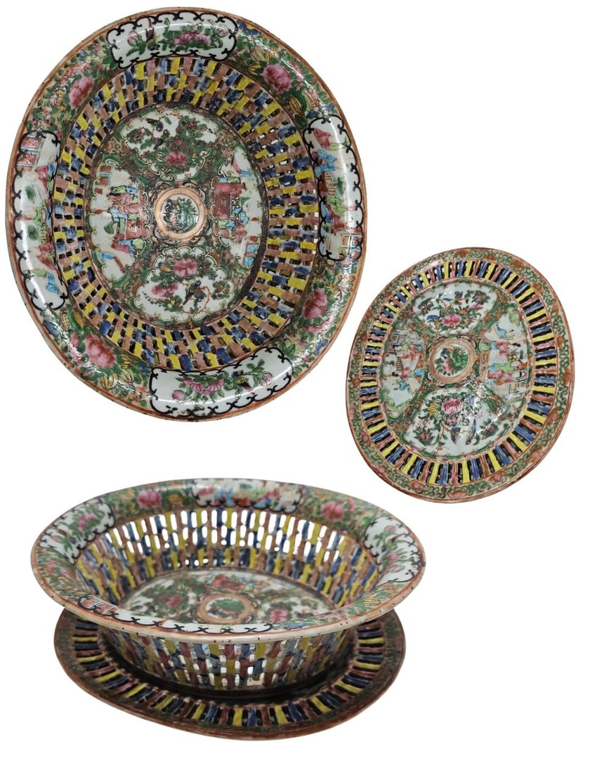 Reticulated Two Piece Rose Medallion Basket and Mini Charger Underplate Circa 1860s (1 of 10)