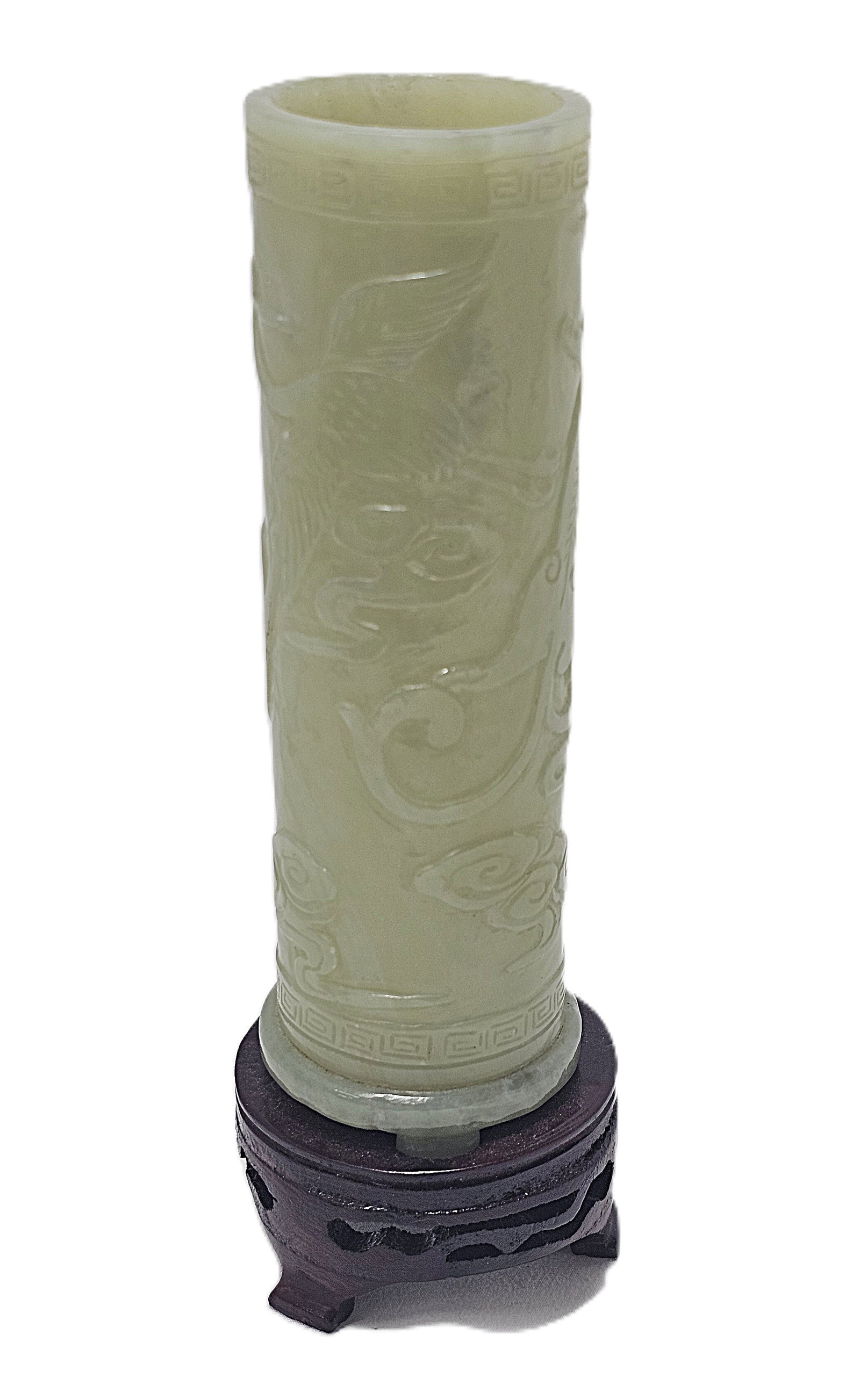 Carved Jade Vessel Bud Vase w Bird Lion or Dragon Motif on Wood Stand (1 of 9)