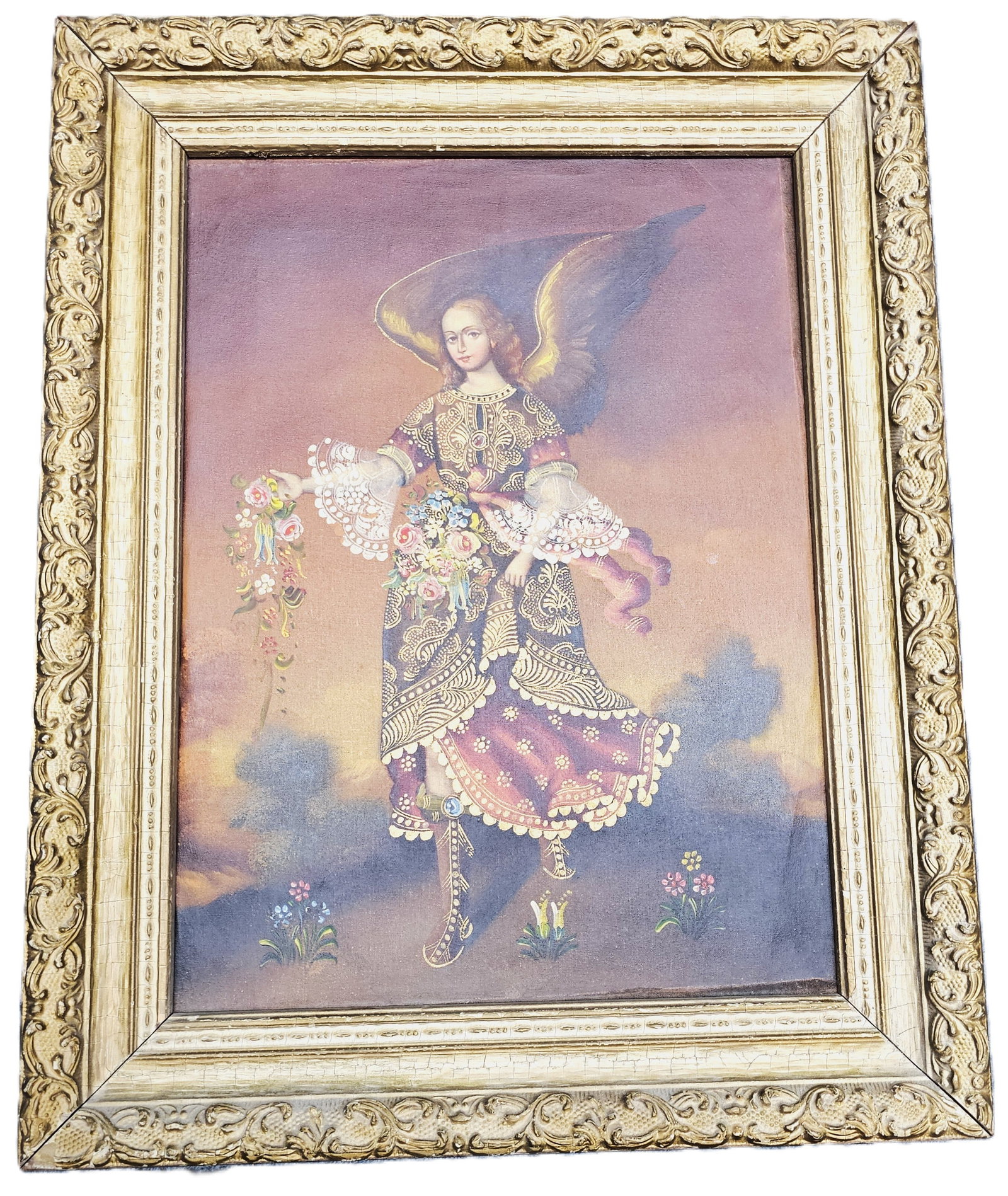 Antique Cusco School Painting Archangel Ariel Gabriel or Raphael Oil Canvas or Linen Over 100 Years: Described By: Adams ND Title: Antique Cusco School Painting Archangel Ariel Gabriel or Raphael Oil Canvas or Linen Over 100 Years Old 20x16 Inches Christian Figure in Landscape Descrip