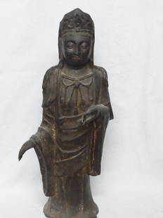 Large Antique Signed Buddhist Goddess Bronze Statue: Large Antique Signed Buddhist Goddess Bronze Statue Sculpture Japanese Chinese Tibet Nepal Thai or Southeast Asian with Remnants of Gilt Dore Patina and Traces of Red from a Florida Gulf Coast Estate