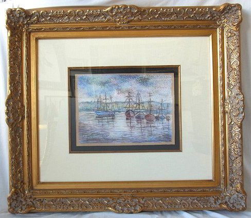 Original Paul Emile Pissarro Signed Pastel Postimpressi: Original Paul Emile Pissarro Signed Pastel Postimpressionist Painting “Trawlers with large Masts” Fishing Boats with Provenance: 1 of 6 from a Major Modern Artworks Collection of retired Professor