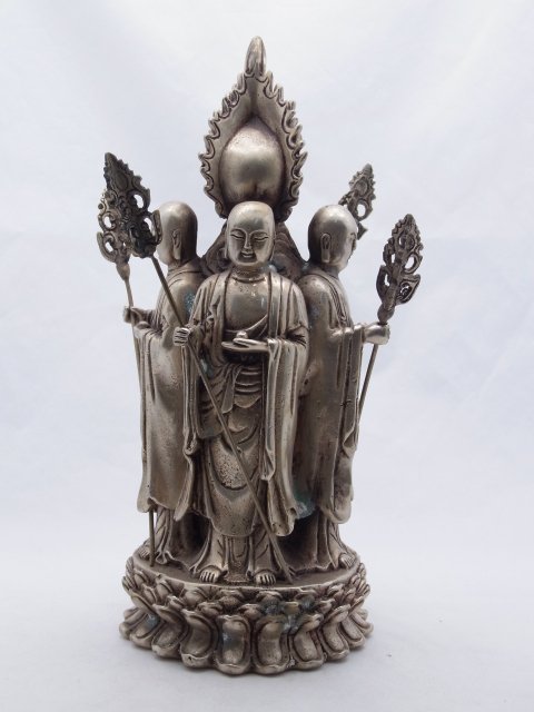Antique Silvered Bronze or Silver on Brass Statue Sculp: Antique Silvered Bronze or Silver on Brass Statue Sculpture Four Buddhas on Lotus Base Chinese Tibet Nepal Southeast Asian. Antique silvered bronze or brass sculpture featuring four standing Buddhas w