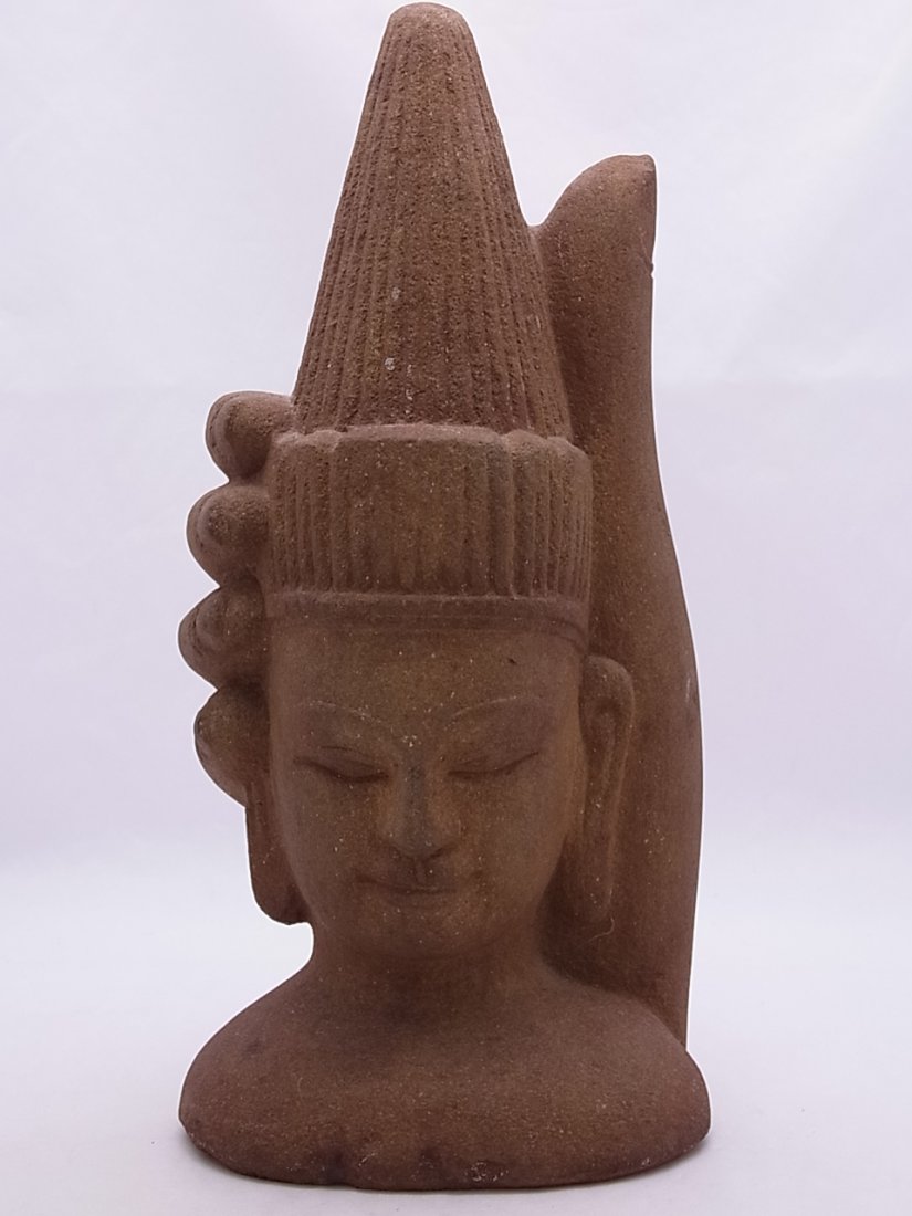 Identified Asian Buddha Mudra Hindu Stone or Cast Statu: Identified Asian Buddha Stone Statue Sculpture Head and Mudra Hand Sino-Tibetan Cambodian Vietnamese or Chinese Asian Buddha head and Mudra hand stone statue sculpture. Possibly of Chinese, Cambodian,