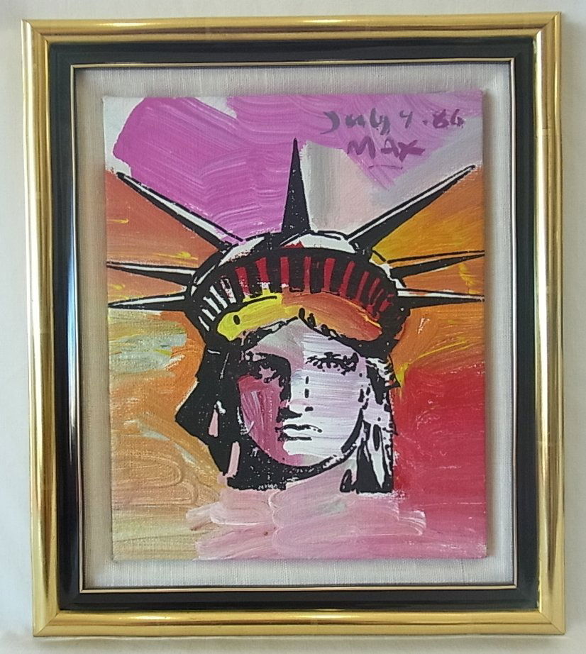 Peter Max, signed 1986 Small LIBERTY Blend Original Han: Peter Max, signed 1986 Small LIBERTY Blend Original Hand Embellished Serigraph with Acrylics on Canvas Original, vivid mixed media serigraph hand embellished with acrylics on canvas by artist Peter Ma