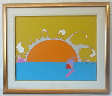 Important 1971 Peter Max signed Original Zen Sailboat a: Important 1971 Peter Max signed Original Zen Sailboat at Sunset Acrylic on Canvas with New York City Trump Tower and Palm Beach Florida Frankel Gallery Provenance Original acrylic on canvas by America