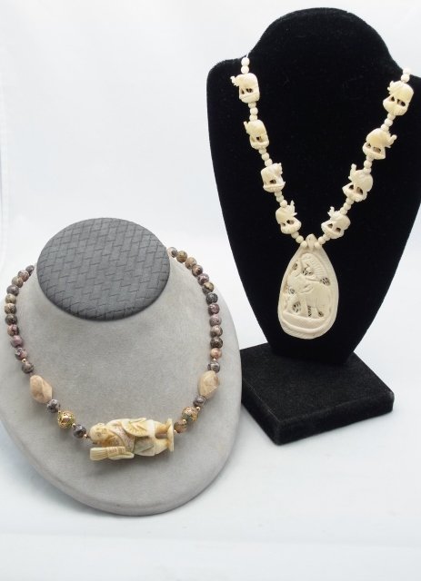 Pair Precious Carved Ivory Pendnat Necklaces Chinese wi: Pair Precious Carved Ivory Pendnat Necklaces Chinese with Multi Color Jasper Cloisonne Beads & Netsuke Figure with Fans Indian Elephant Pair of ivory necklaces. One is all ivory featuring a large reti