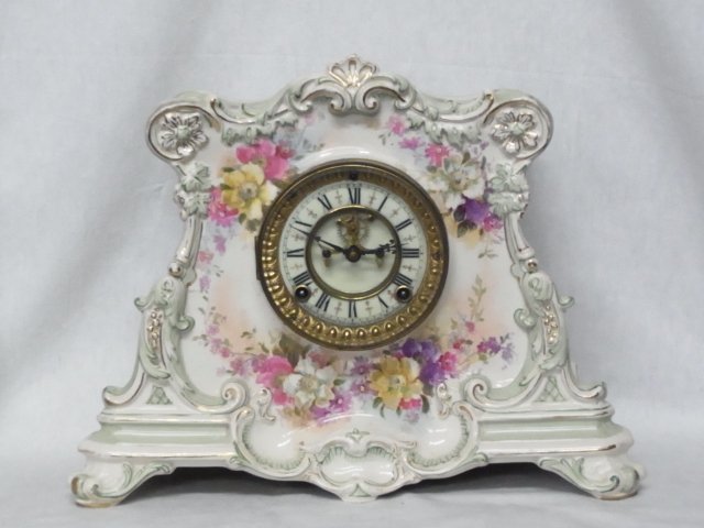 Antique Ansonia Works Royal Bonn La Drome German Gilded: Antique Ansonia Works Royal Bonn La Drome German Gilded & Hand Painted Porcelain China Case Mantel Clock with Roman Numeral Porcelain Face Approximate Dimensions: 15 ¾” wide, 6” deep, 12” tall 