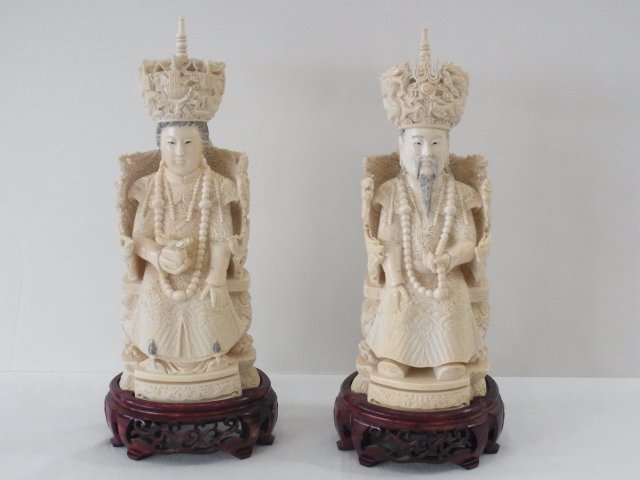 Amazing Pair Probably Chinese Possibly Japanese Large C: Amazing Pair Probably Chinese Possibly Japanese Large Carved Ivory Emperor & Empress Statues Seated On Intricately Reticulated Dragon & Bird Thrones With Carved Wood Plinths Provenance: From the colle