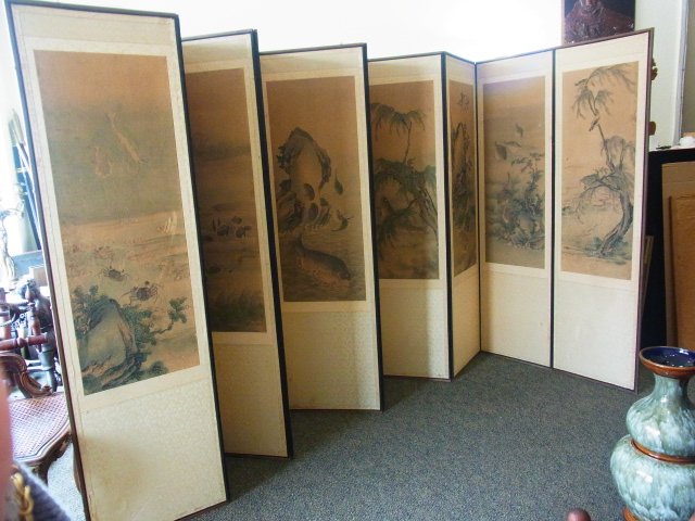 Antique Korean 10 Panel Folding Screen Hand Painted Ink: Antique Korean 10 Panel Folding Screen Hand Painted Ink Laid Paper Silk Brocade Boarder Upholstered with Landscape & Wildlife Motif Large Antique 10 paneled, 14 foot screen with hand painted landscape