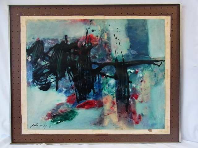 John Way Chinese American Abstract Expressionist Oil Pa: John Way Chinese American Abstract Expressionist Oil Painting Exhibited 1971 Spectacular Abstract Expressionist oil on paper painting titled Blue Exuberance by Chinese American, John Way, primarily kn
