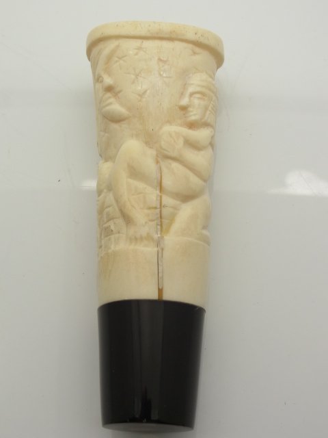 Early Carved Ivory Erotic Ritual Cup Egyptian Babylonia: Early Carved Ivory Erotic Ritual Cup Egyptian Babylonian Mesopotamian Near Eastern Depiction of Copulating Couple on Constructed Brick Platform with Ancient Architecture Background Scene Crescent Man 