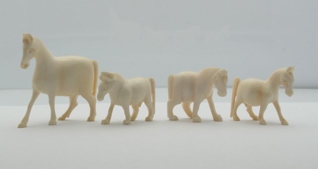 Set of 4 Pre Ban Antique Chinese Carved Ivory Equine Mi: Set of 4 Pre Ban Antique Chinese Carved Ivory Equine Miniature Figure Statues Horse Mule Dwarf Pony. Impressive detail for such a miniature scale. Ivory carved to delicate thinness in the legs, tails