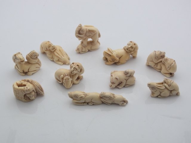 Set of 10 Signed Chinese Carved Ivory Netsuke Animal Pa: Set of 10 Signed Chinese Carved Ivory Netsuke Animal Pairs Hare Dog Lion Horse Elephant Rabbits Picary Pig Figures. Animal combinations include: Horse on Horse, Wild Pig on Wild Pig, Three Lion on Rab