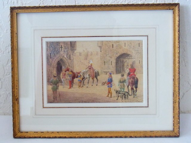 George Cruikshank signed British Watercolor Painting Lo: George Cruikshank signed British Watercolor Painting Lord & Maiden on Horses within Castle Courtyard with Winthrop Stuyvesant Colonial New York Boston Family Provenance One of Two 19th century waterco