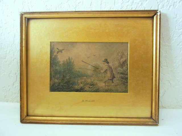 Orig William Samuel Howitt British Hunting Sporting Dog: Orig William Samuel Howitt British Hunting Sporting Dogs Geese Watercolor Painting with Winthrop Stuyvesant Colonial New York Boston Family Provenance Wonderful original huntsman landscape watercolor 