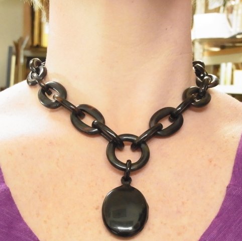 Antique c1850s Natural Tortoise Shell Alternating Link: Antique c1850s Natural Tortoise Shell Alternating Link Necklace with Locket Pendant SIZE: 18” Long Necklace, 1/1/2” X 1” Locket Hess Fine Auctions Shipping:We offer in house shipping for a hand