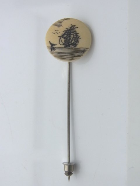 Scrimshaw Ivory Sailing Ship Whale Stick Pin: Scrimshaw Ivory Sailing Ship Whale Stick Pin Size: 2 ½” long, 18mm diameter Hess Fine Auctions Shipping:We offer in house shipping for a handling fee, or you may elect to contact an outside shipper
