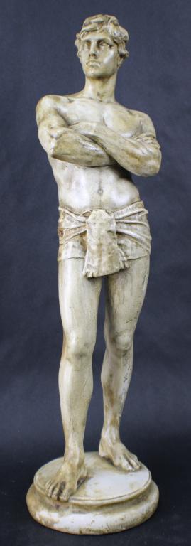 Plaster Male Swedish Swimmer Sculpture: Measures approximately 5 1/2 inches x 6 1/2 inches x 20 inches tall. chip in right hip. From the Estate of David Hanger.