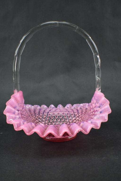 Fenton Pink Hobnail Basket: Waves and bubble bottom. Measures approximately 10 1/4 inches x 9 inches x 10 1/2 inches tall. From the Estate of Rabbi Stanley Garfein.