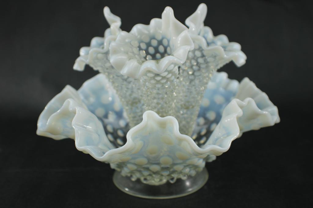 Fenton Epergne: Measures approximately 8 3/8 inches diameter x 6 inches tall. From the Estate of Rabbi Stanley Garfein.