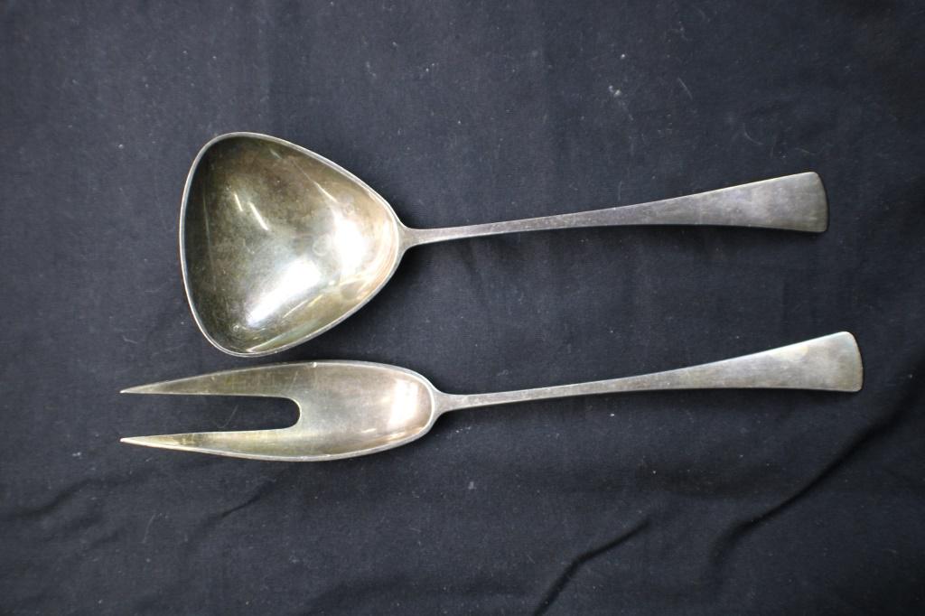 Dansk Sterling Denmark IHQ Serving Spoon & Fork: Sterling Silver marked "Dansk Sterling Denmark IHQ" on back . Serving Fork Fork weighs approximately 28.5dwt and Serving Spoon weighs approximately 31.0dwt. From the Estate of Rabbi Stanley Garfein.
