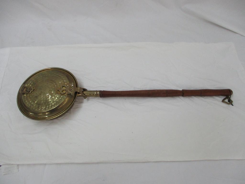 Vintage Brass and Wood Bed Warmer: Vintage Brass and Wood Bed Warmer, marked "058". This Bed Warmer measures approximately 29 inches long by 8 inches wide by 2-1/2 inches high.