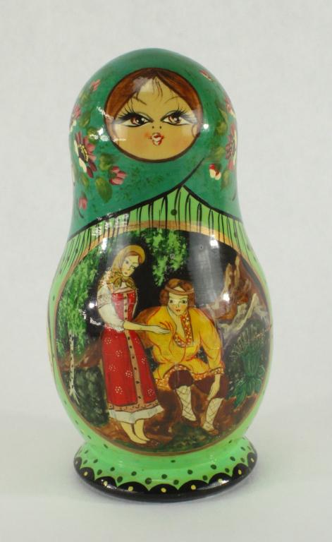 Russian Wood Nesting Matryoshka Khokhloma Dolls: Wood construction. 5 wood dolls total with each depicting a different scene. Largest is approximately 5 inches tall x 2 5/8 inches diameter. From the Estate of David Hanger.