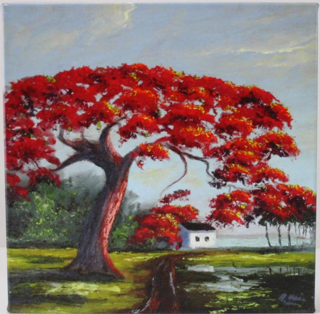 Alfred Hair, Highwaymen, Digital Print on Canvas: Alfred Hair Highwaymen, 1941-1970, Untitled, Poinciana tree by a White Houses, Digital Print on Canvas. This folk art piece depicts a Poinciana tree as the focal point, with bold red hues contrasting 