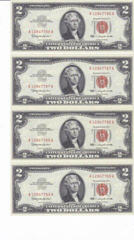 9 - 1963 Two Dollar Bill Red Notes: 9 - 1963 Two Dollar Bill Red Notes - Signed Garnahan and Dillon - Two Sets of Sequential Serial Numbers