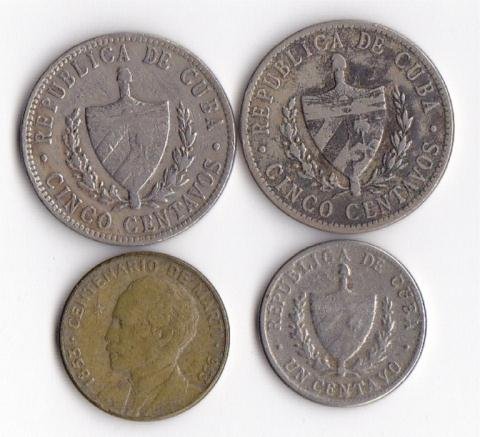 4 - Cuban Coins: 4 - Cuban Coins - 1946 Cinco Centavos, 1946 Cinco Centavos, 1946 Un Centavo, & 1953 Un Centavo