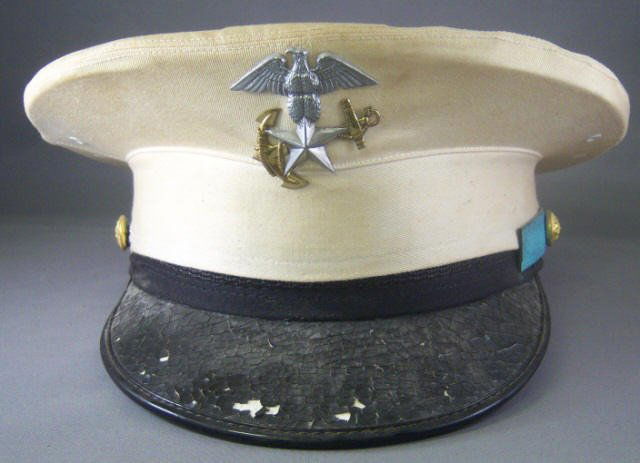 USMC Male Combination Hat w/ ROKMC Badge: USMC Male Combination Hat with Republic of Korea Marine Corps Badge - Cover Discolored - Chin Strap Not Intact - Leather Sweatband Intact - Bill Severe Cracking