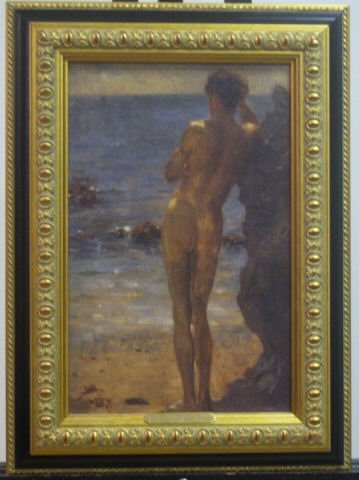 A Lover of The Sun" Framed Oil on Canvas and Book": A Lover of The Sun" Framed Oil on Canvas after Henry Scott Tuke - Reproduction by Unknown Artist - 19 3/4" X 14 1/2" - Book "Catching the Light - The Art and Life of Henry Scott Tuke" by Catherine Wal