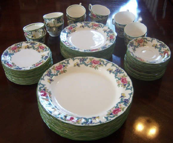 65pc Royal Daulton China Dinnerware Set: 65pc Royal Daulton China Dinnerware Set - Floradora Green Pattern - Place Setting for 12 (Dinner Plate, Salad Plate, Bread/Dessert Plate, Saucer, & Coffe/Tea Mug) and Serving Dish, Gravy Boat, Butter