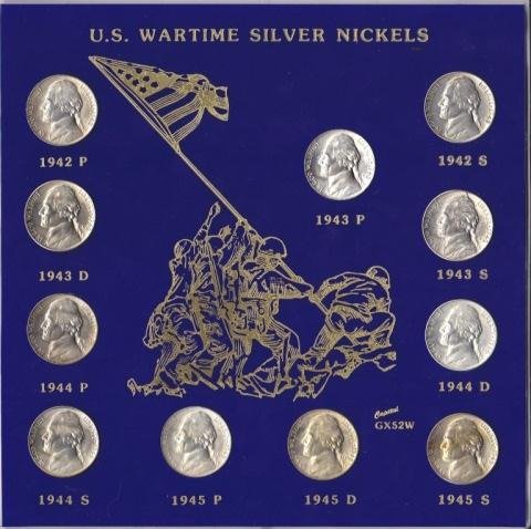 US Wartime Silver Jefferson Nickels Collection: US Wartime Silver Jefferson Nickels Collection - Contains All 11 Silver Wartime Nickels from 1942 to 1945 P, D, & S - All Grade MS